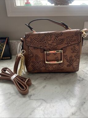 Jolene couture new Brown Embossed Floral Top-Handle Crossbody Bag